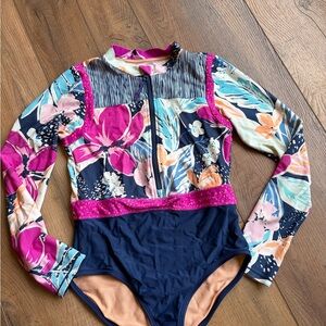 Athleta Girl Navy and Magenta Floral Long-Sleeve One-Piece Swimsuit Sz 12